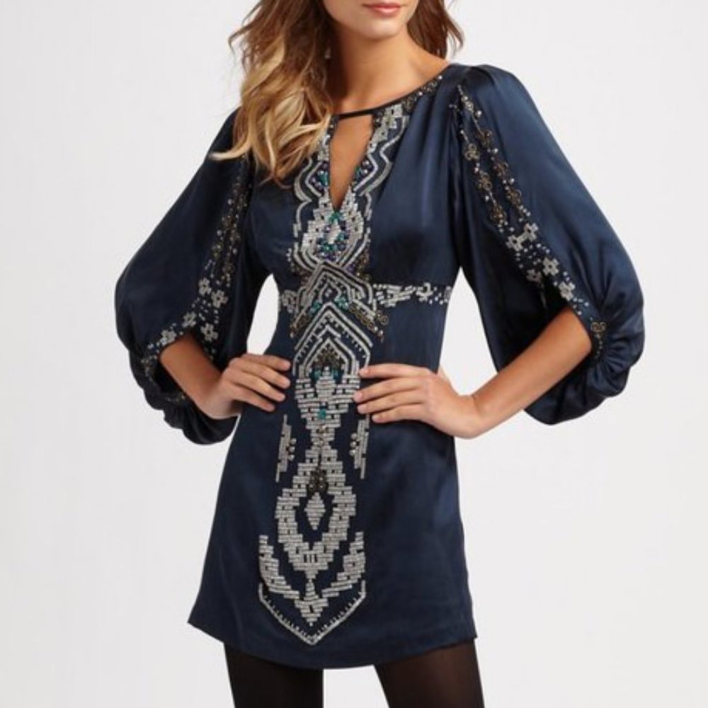 Nanette Lepore Star Cross Dress 100% Silk Embellished Mini Navy Blue Size 4